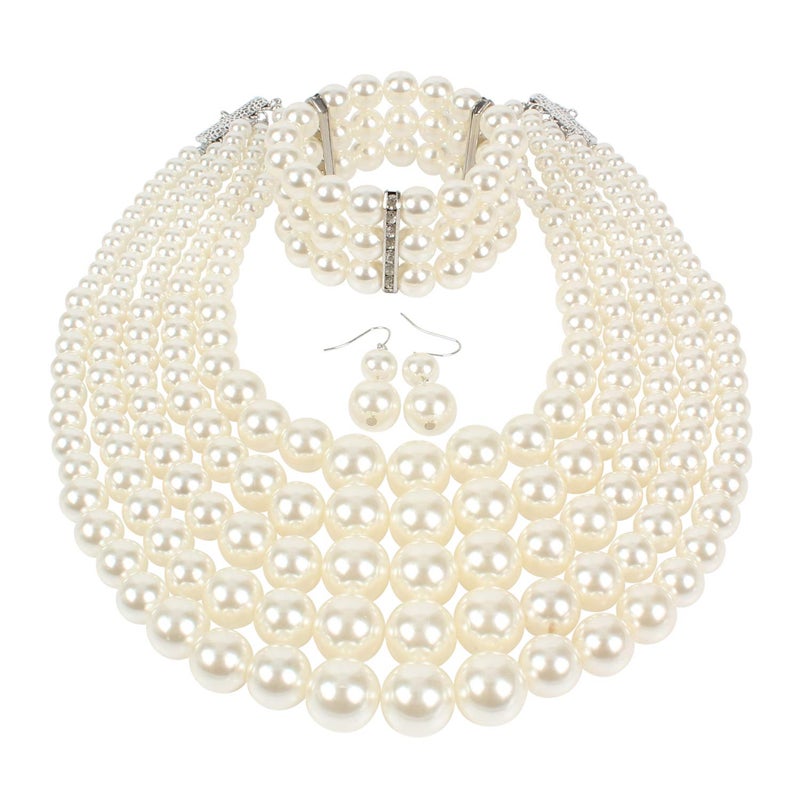 KOSMOS-LI Multi Layer Pearl Strand Necklace Bracelet And Earring Faux Ivory Pearl Women Jewelry Set Stocking Stuffers - Image 1
